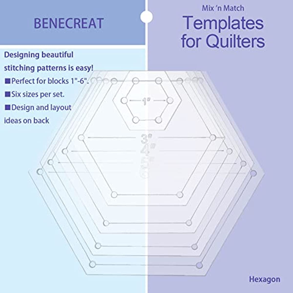 5pcs Hexagon Quilting Template Transparent Pressure Plate( Hole: 3mm) with 5 Mixed size, Size: 30x34.5x2.5mm, Black